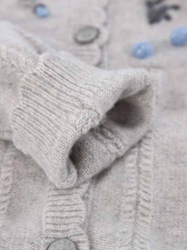 Kids Light Grey Floral Embroidery Cashmere Button-Up Cardigan